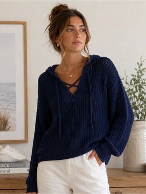 Lightweight Open Knit Lace‎ Up Hoodie Sweater Coastal Grandma Beachy Boho